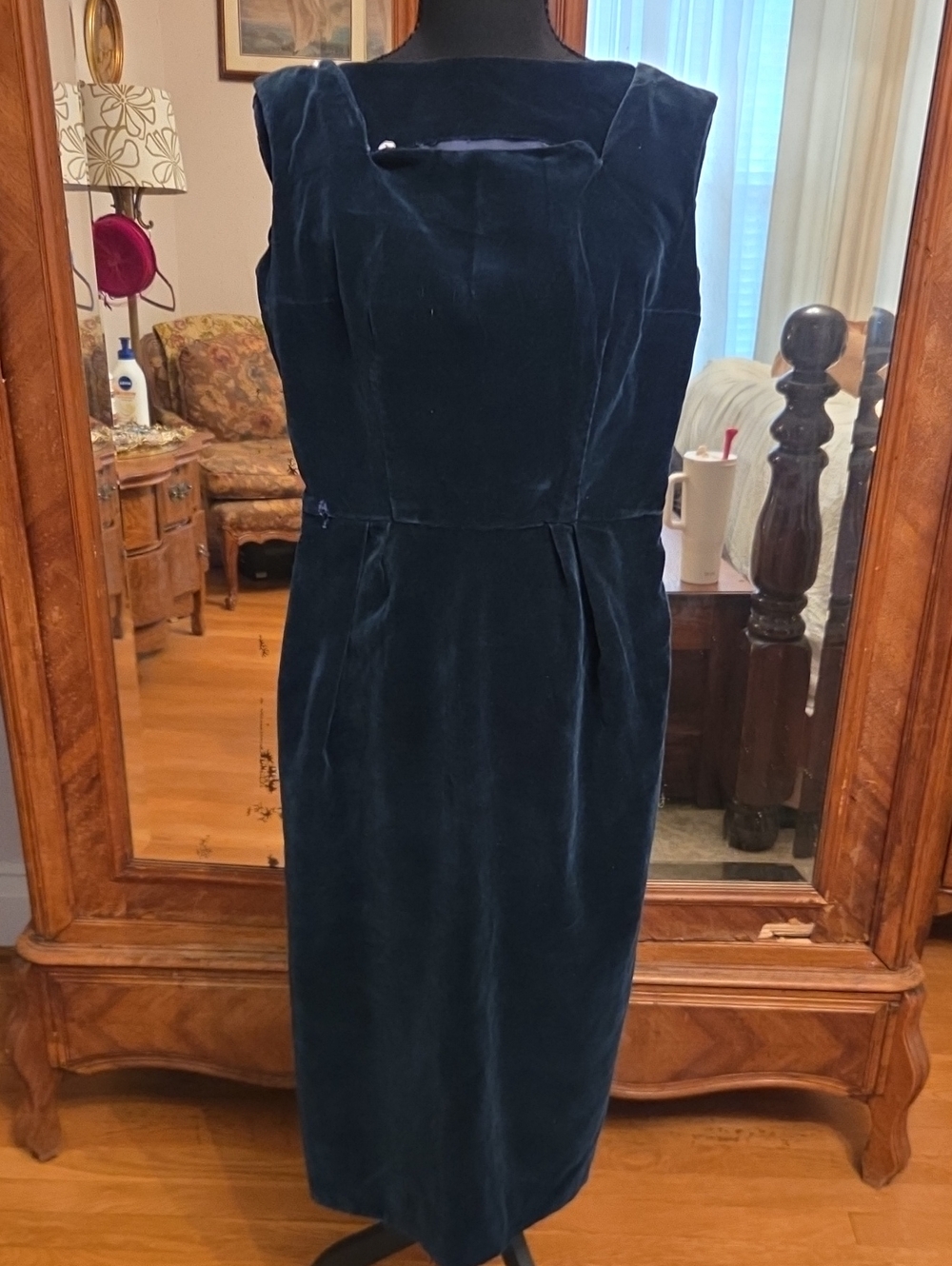 HANDMADE Classic Sleeveless Velvet Sheath Dress in Deep Teal TINY